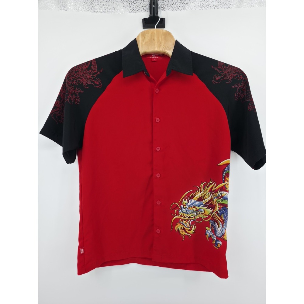 JNCO Jeans Men's Large Red Black Button Shirt w/ Dragon Designs Y2k Vintage